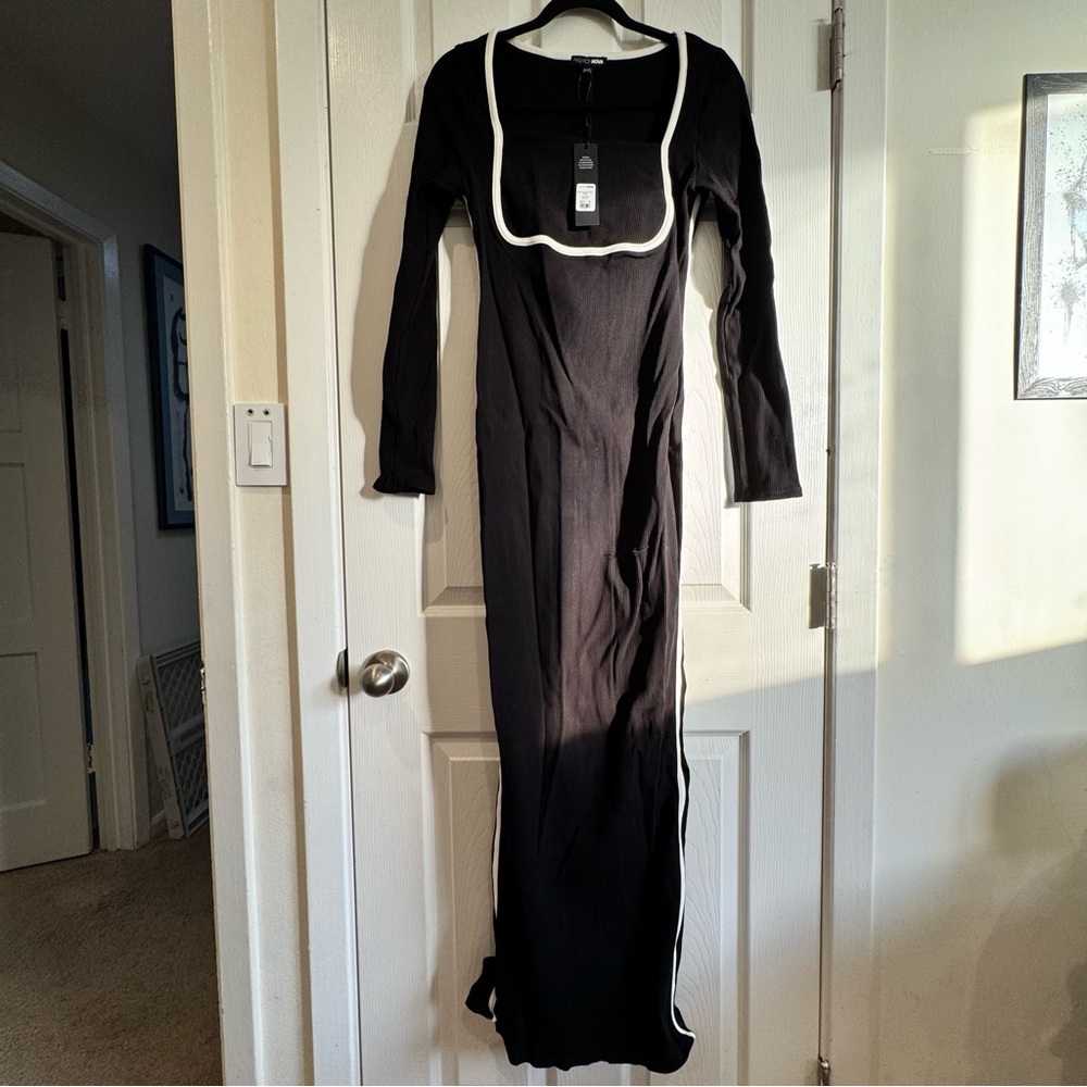Fashion Nova Elegant Black Dress with White Trim NWT 1X witchy bodycon